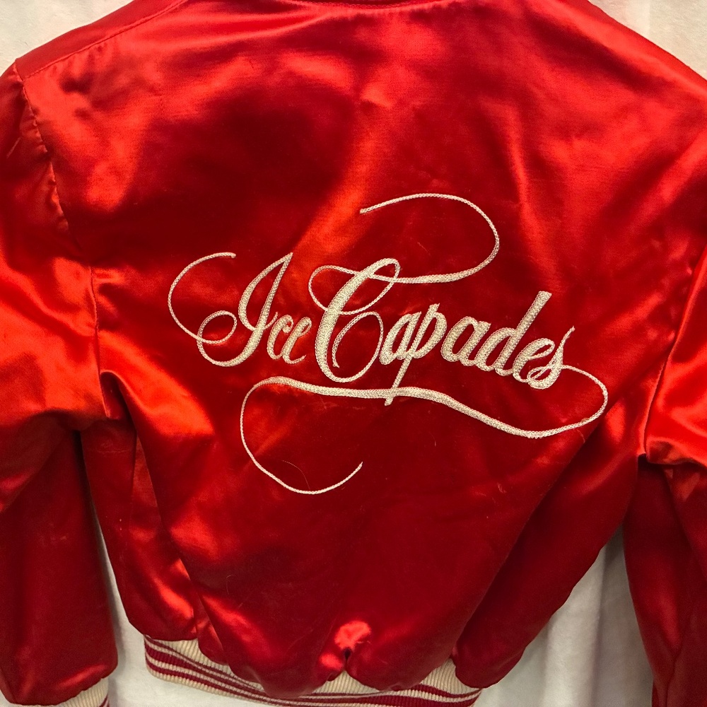 Vintage Ice Capades skater’s red + cream reversible satin bomber jacket - small